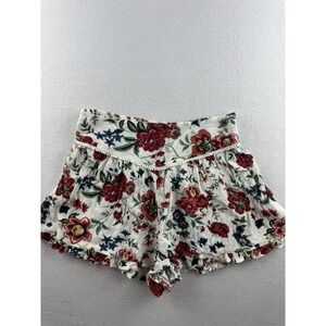 American Eagle Floral Flowy Shorts Cream Red Smocked Waist Pom Pom Trim Small